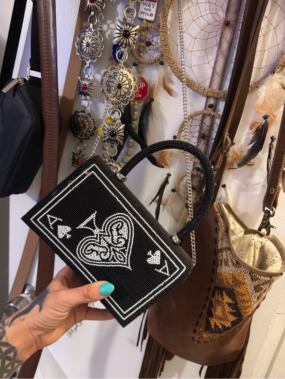 Black and White Ace of Hearts Beaded Top-Handle Bag